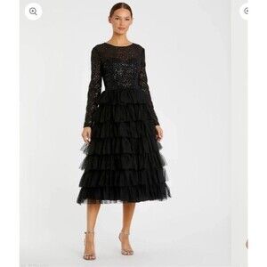 Mac Duggal 26299 SEQUINED LAYERED TULLE A-LINE COCKTAIL DRESS Sz 12 Black $498